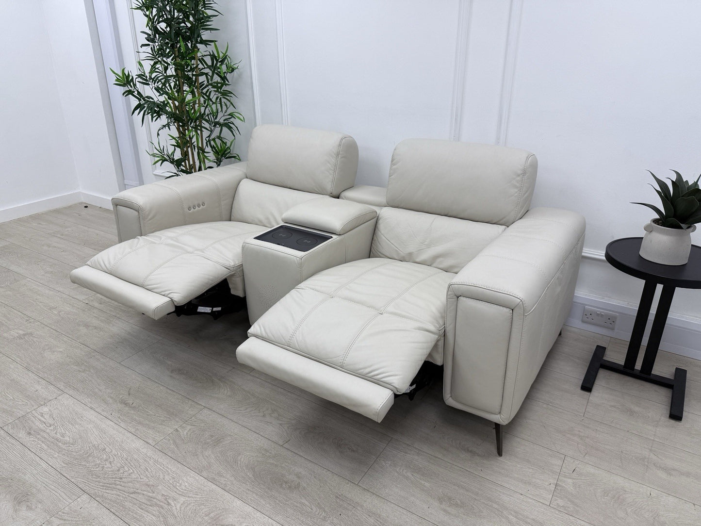 DFS Showcase 2 Seater Cinema Power Recliner Sofa With Console In Frost Leather