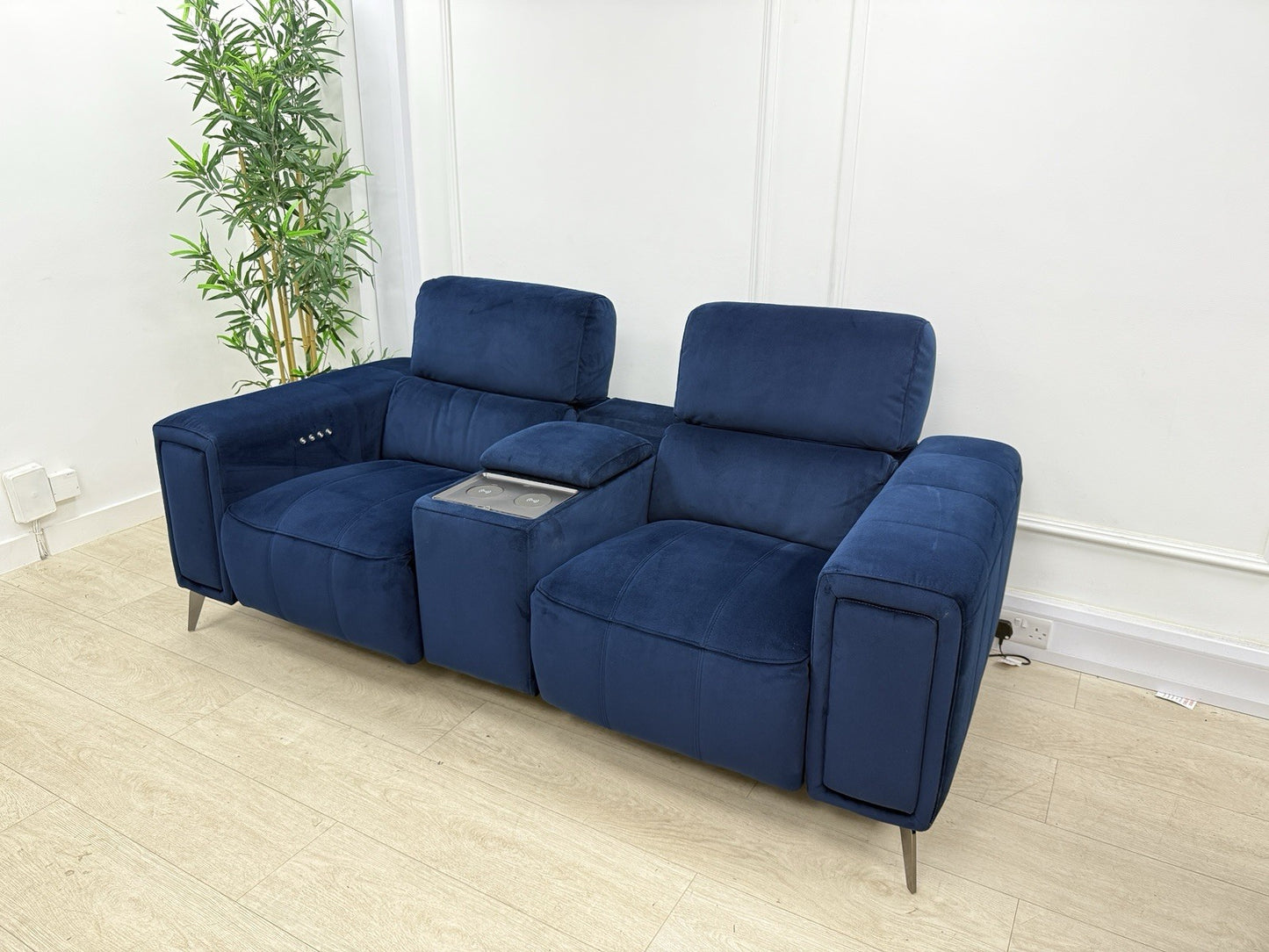 DFS Showcase 2 Seater Power Recliner Cinema Sofa In Blue Velvet Fabric