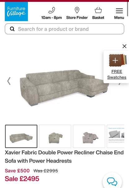 Furniture Village Xavier 3 Seater Chaise Sofa Power Recliner/Headrests In Brown Fabric