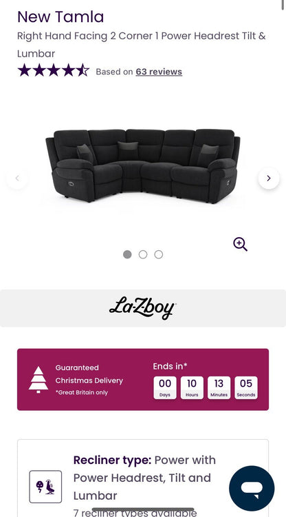 La-Z-Boy New Tamla Power/Headrest/Lumbar Corner Sofa & Console Unit In Black