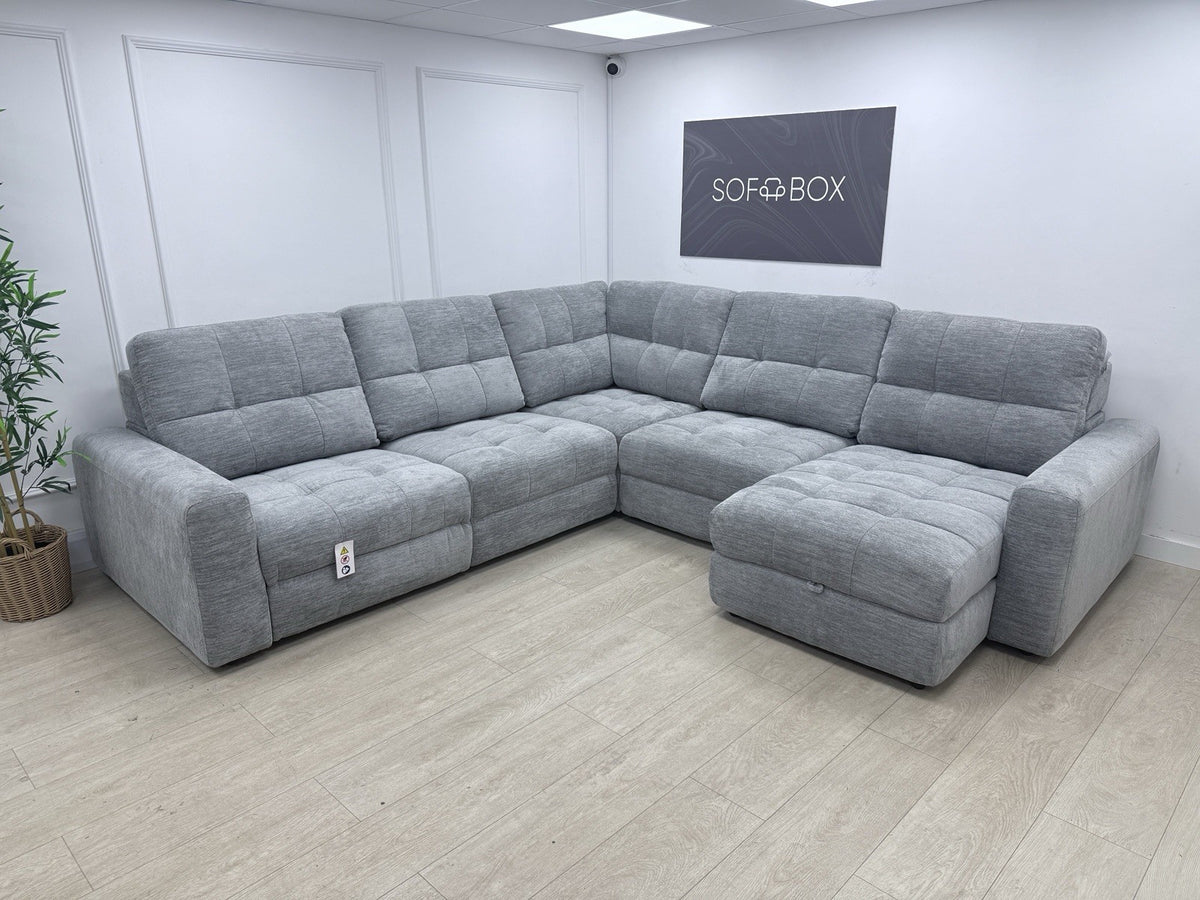 DFS Steller Power Recliner Slider Corner Sofa In Mist Grey Fabric
