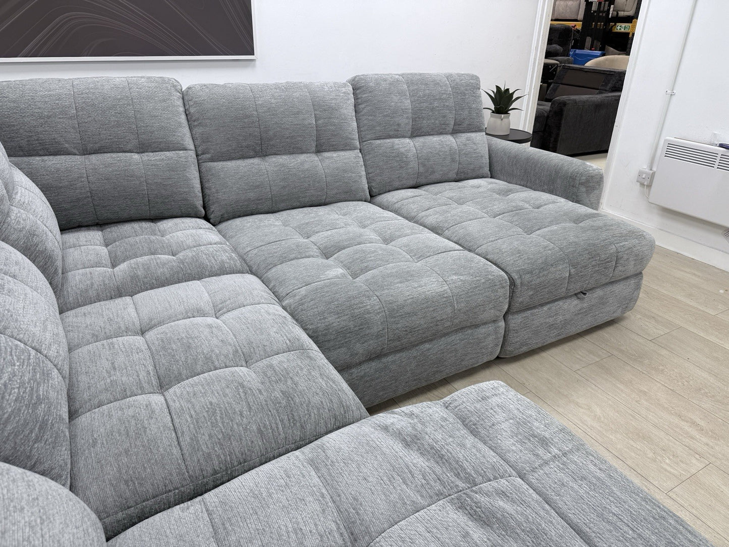 DFS Steller Power Recliner Slider Corner Sofa In Mist Grey Fabric