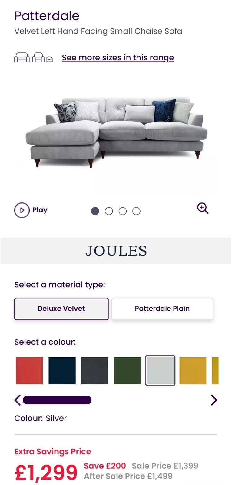 DFS Joules Patterdale Velvet Chaise Sofa In Silver