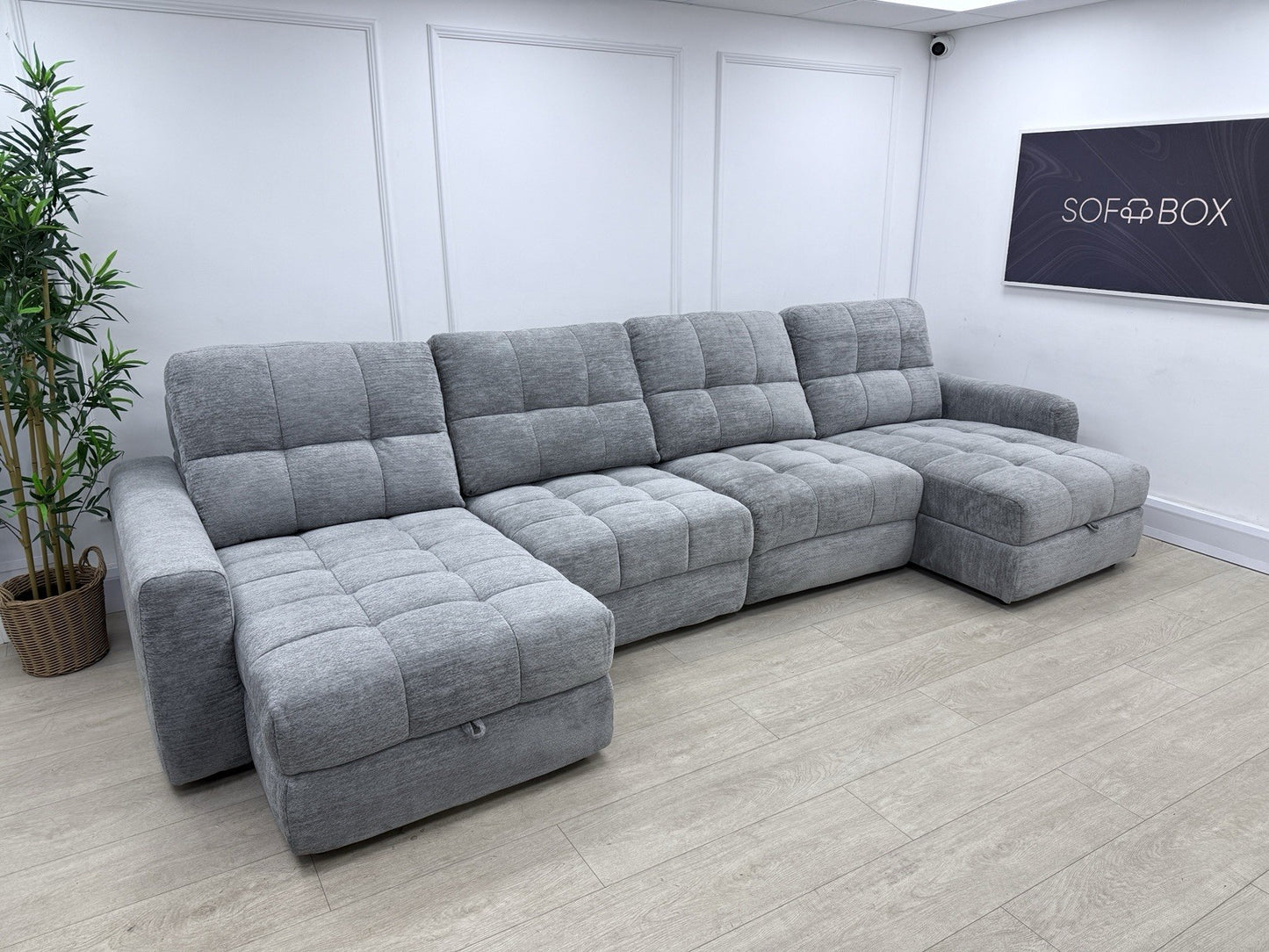 DFS Steller Power Slider U Shape Sofa In Grey Mist Fabric
