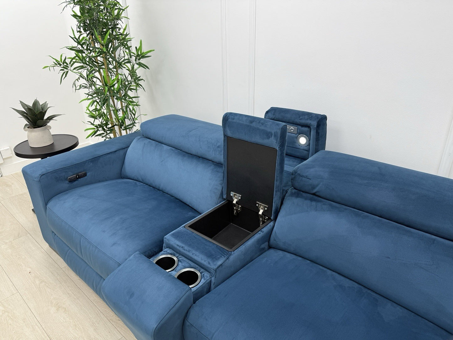 DFS Wander Power Recliner Corner Sofa In Blue Velvet