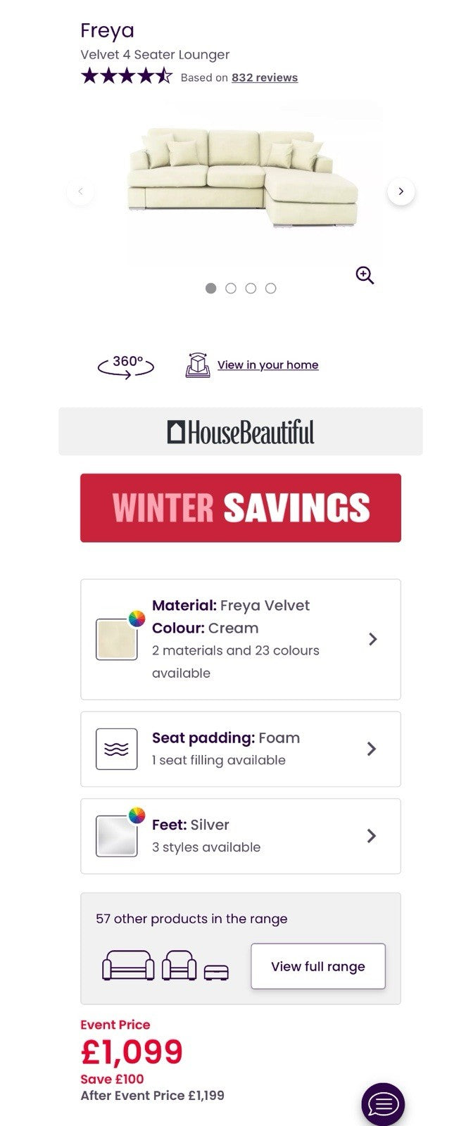 DFS Freya 4 Seater Lounger, Cuddle Chair, Footstool Set In Cream Velvet