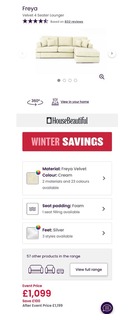 DFS Freya 4 Seater Lounger, Cuddle Chair, Footstool Set In Cream Velvet