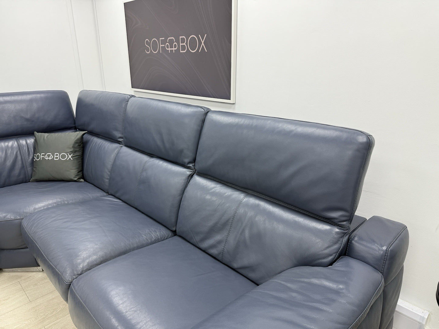 Sofology Laurence Power Recliner Corner Sofa In Smoke Blue Leather