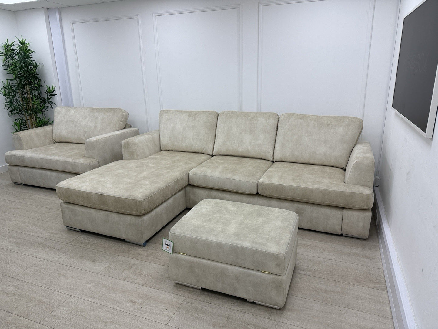 DFS Freya 4 Seater Lounger, Cuddle Chair, Footstool Set In Cream Velvet