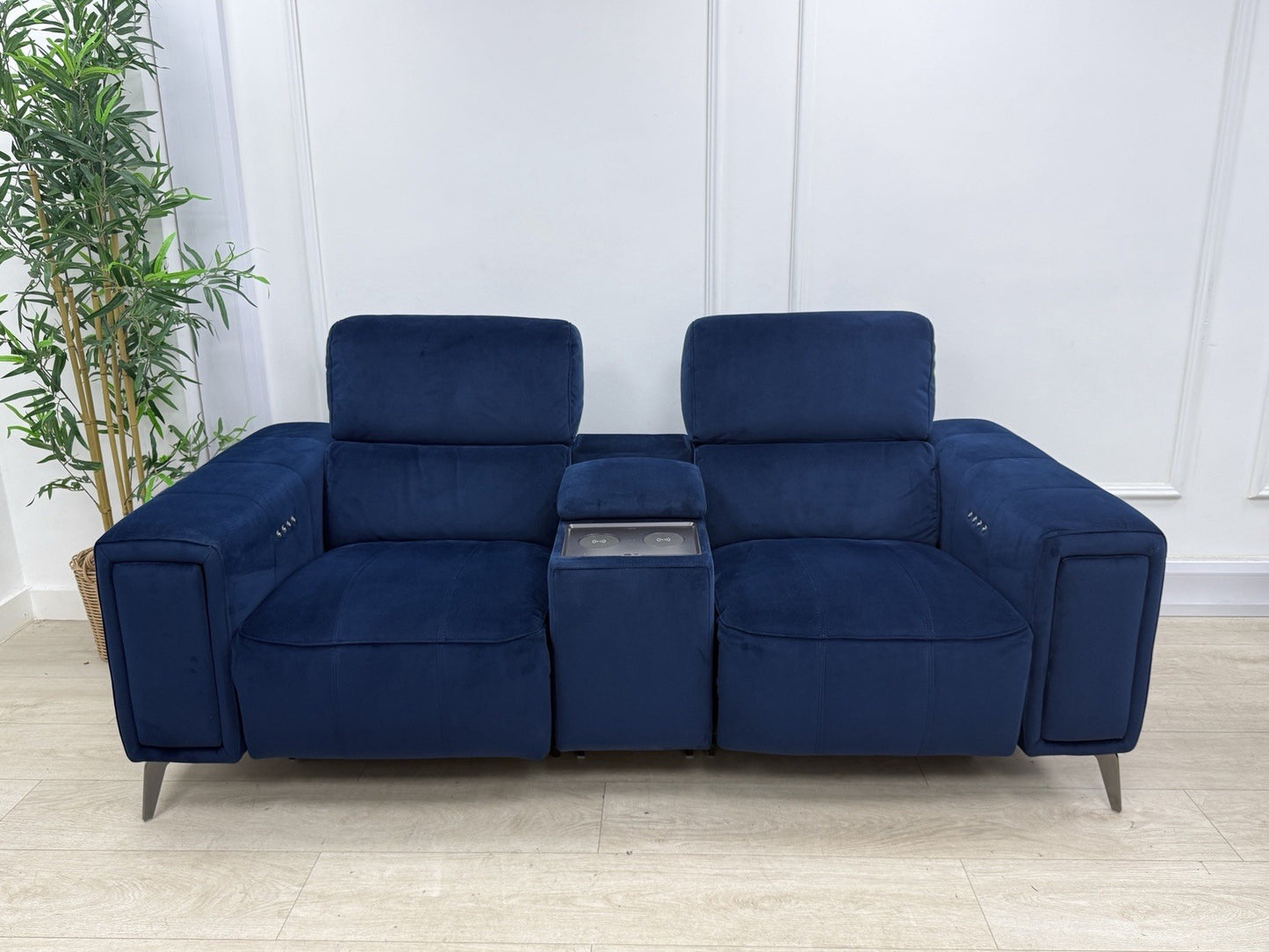 DFS Showcase 2 Seater Power Recliner Cinema Sofa In Blue Velvet Fabric