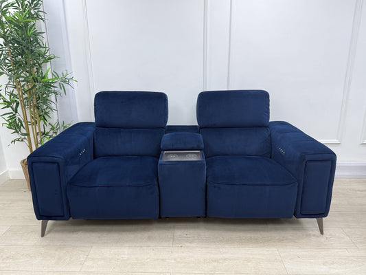 DFS Showcase 2 Seater Power Recliner Cinema Sofa In Blue Velvet Fabric