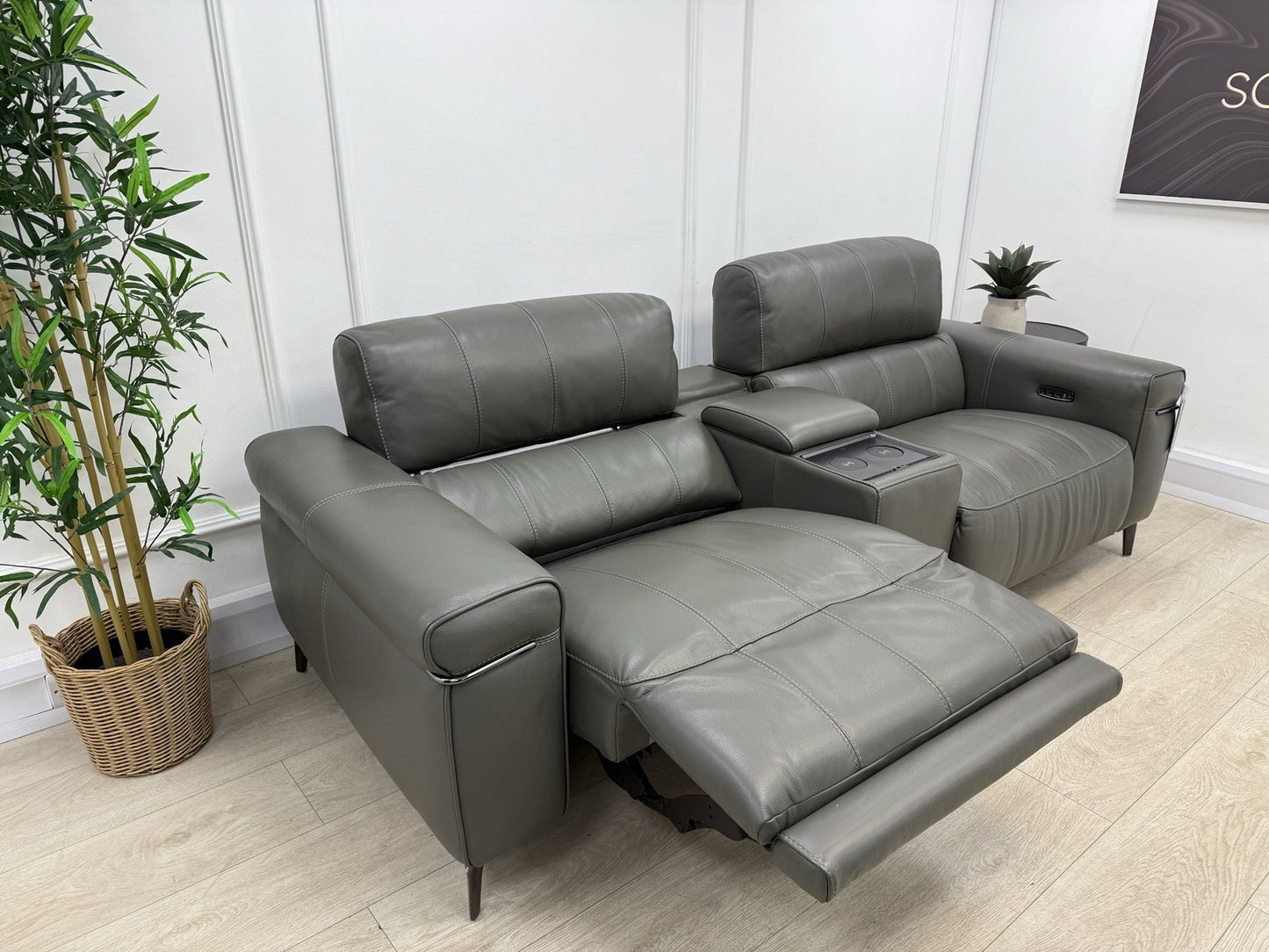 Furniture Village Homestage 3 Seater Power Recliner Media Sofa In Grey Leather