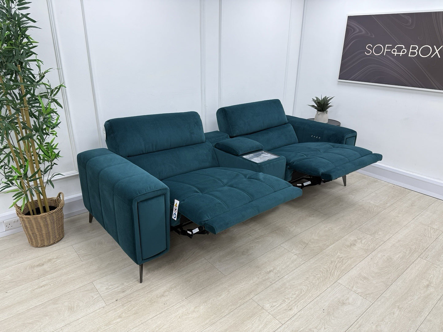 DFS Showcase Power Recliner 3 Seater Cinema Sofa In Teal Velvet Fabric