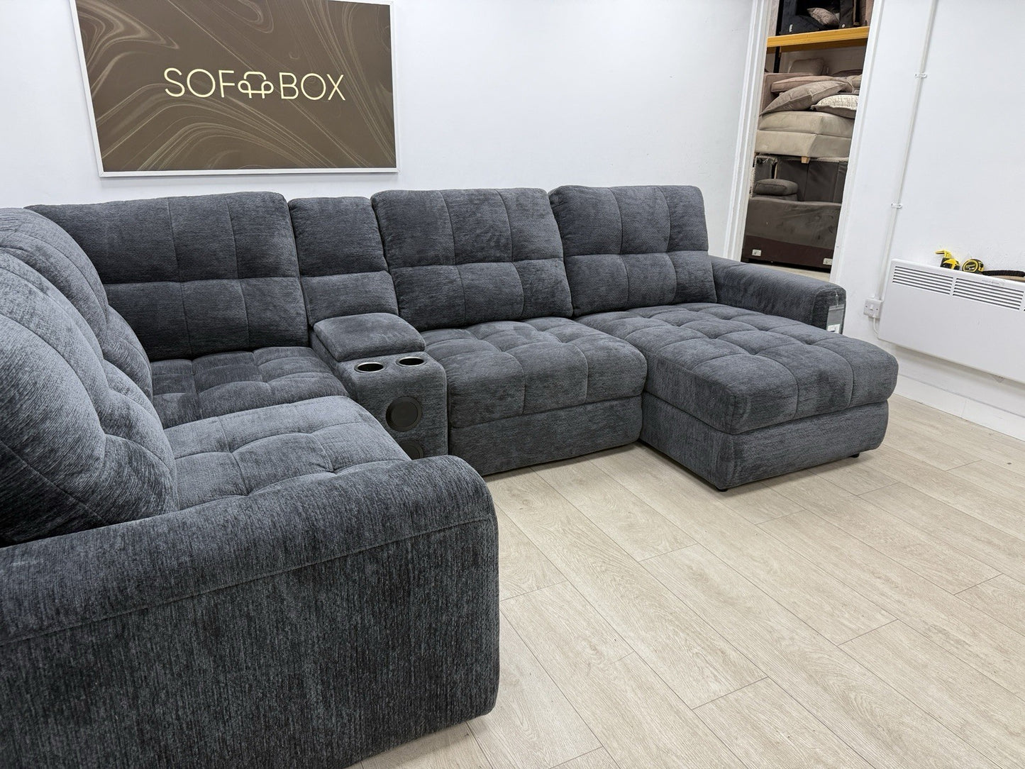 DFS Steller Power Recliner Corner Sofa W/ Speaker Storage In Nuova Black Fabric