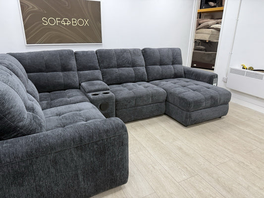 DFS Steller Power Recliner Corner Sofa W/ Speaker Storage In Nuova Black Fabric