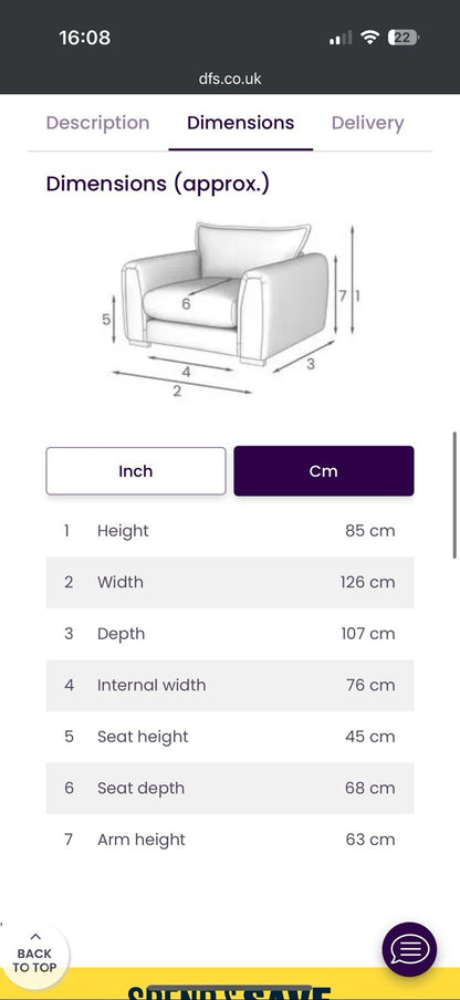 DFS Somerford 3 Seater Sofa, Armchair & Footstool In Mink Fabric