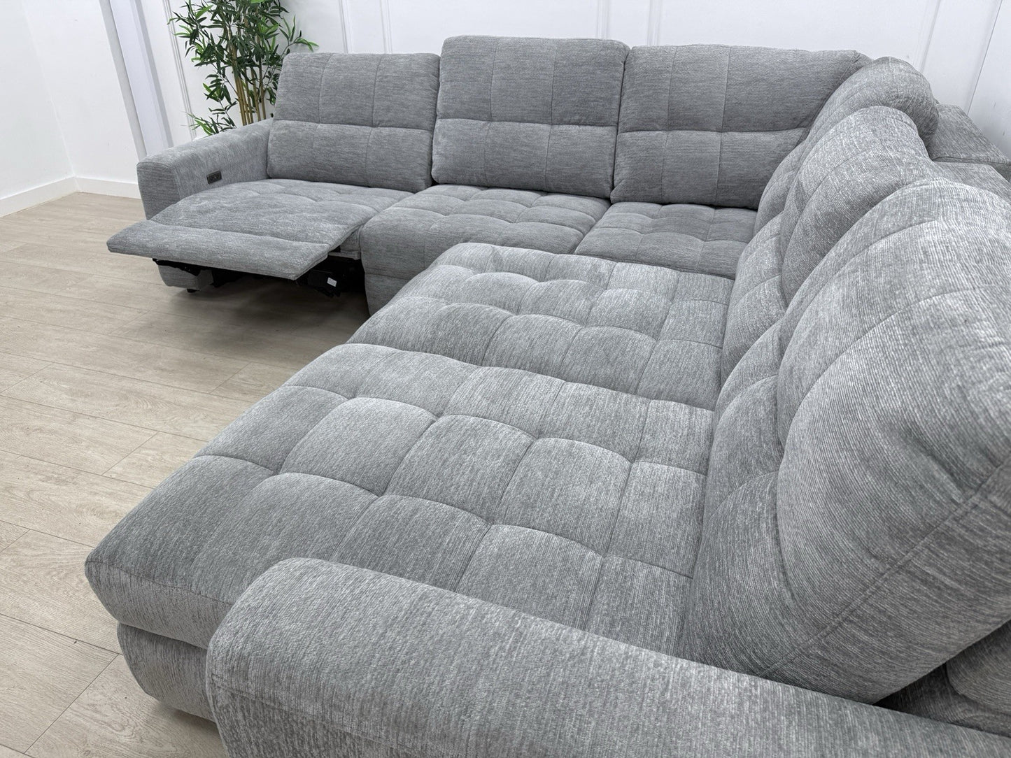 DFS Steller Power Recliner Slider Corner Sofa In Mist Grey Fabric