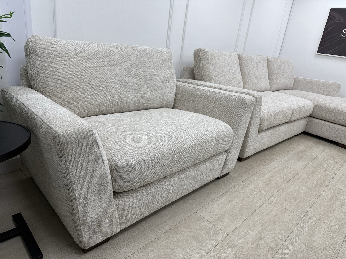 Next L Shape Sofa & Cuddle Chair Set In Chunky Cross Weave Oatmeal Fabric