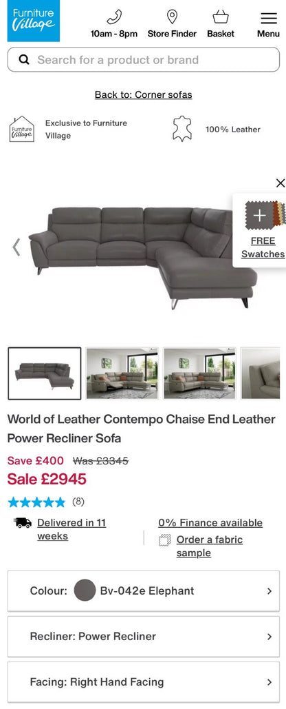 Furniture Village Contempo Power Recliner Corner Sofa &amp; Footstool Grey Leather
