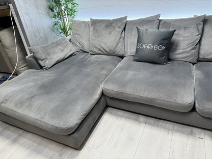 DFS Plush Velvet L Shape Sofa In Grey