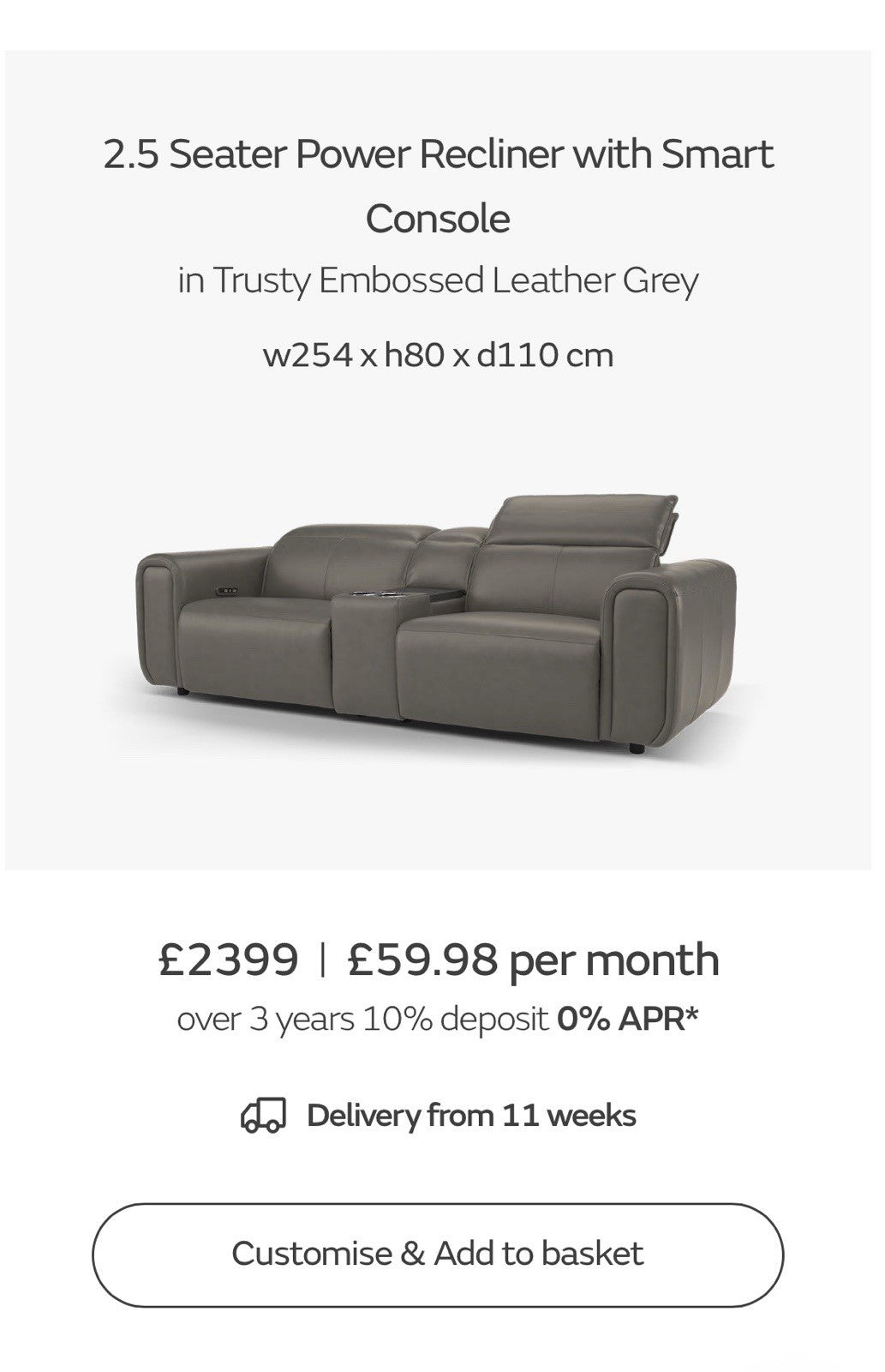 Sofology Premiere 2.5 Seater Power Recliner Sofa In Grey Leather