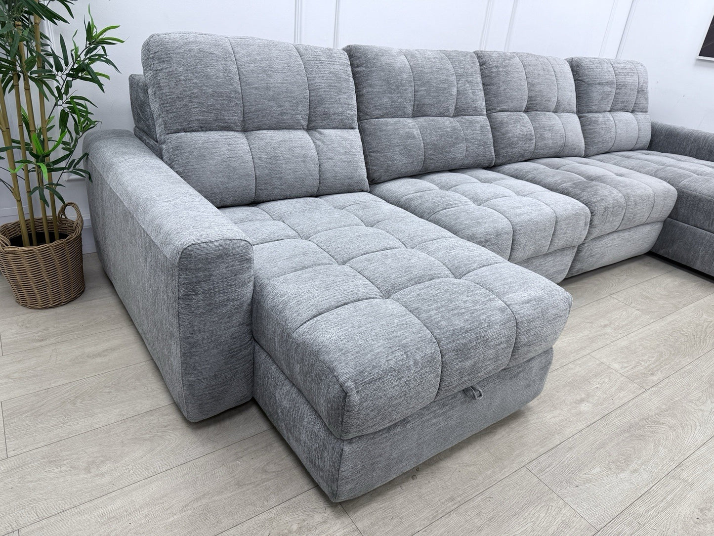 DFS Steller Power Slider U Shape Sofa In Grey Mist Fabric