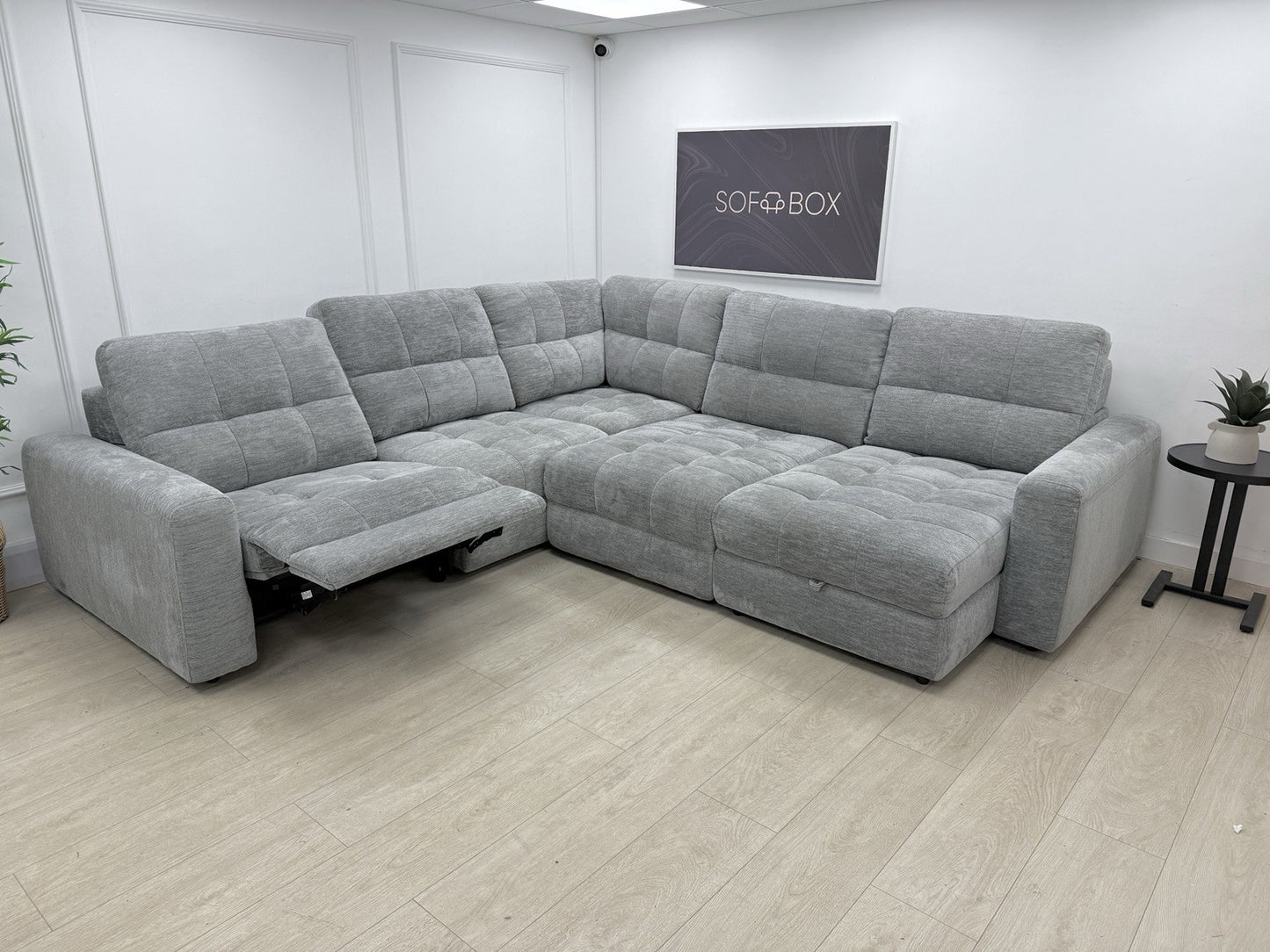 DFS Steller Power Recliner Slider Corner Sofa In Mist Grey Fabric