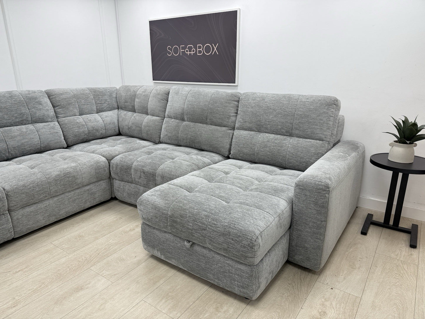 DFS Steller Power Recliner Slider Corner Sofa In Mist Grey Fabric