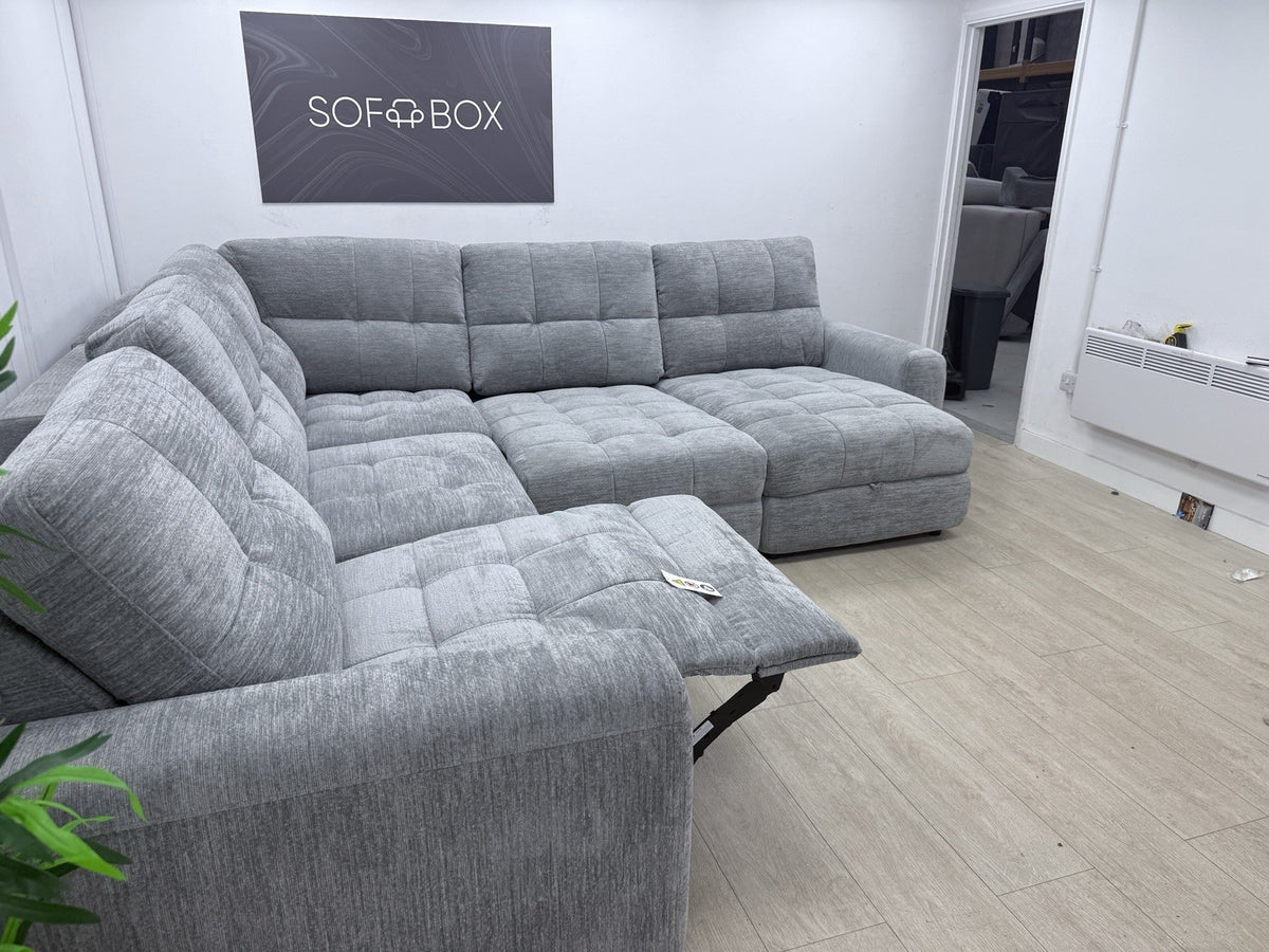 DFS Steller Power Recliner Slider Corner Sofa In Mist Grey Fabric