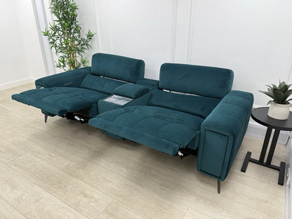 DFS Showcase Power Recliner 3 Seater Cinema Sofa In Teal Velvet Fabric