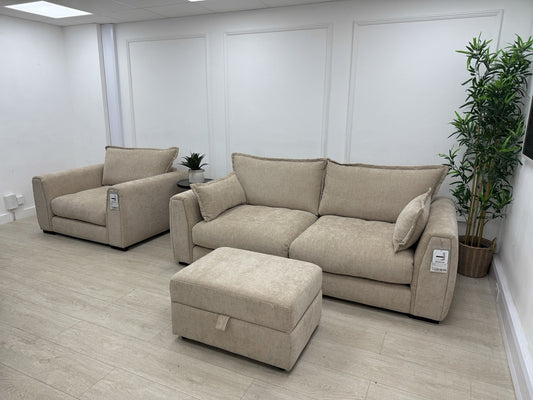 DFS Somerford 3 Seater Sofa, Armchair &amp; Footstool In Mink Fabric