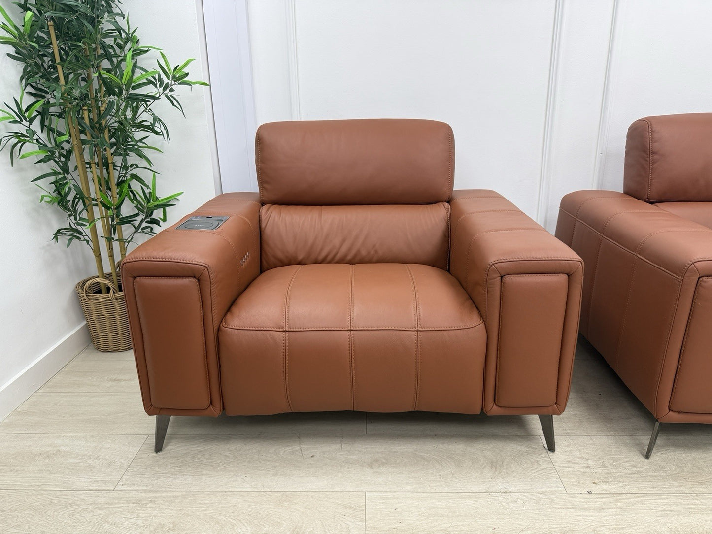 DFS Showcase 3 Seater Sofa With Smart Console & Armchair In Cinnamon Leather