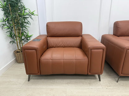 DFS Showcase 3 Seater Sofa With Smart Console & Armchair In Cinnamon Leather