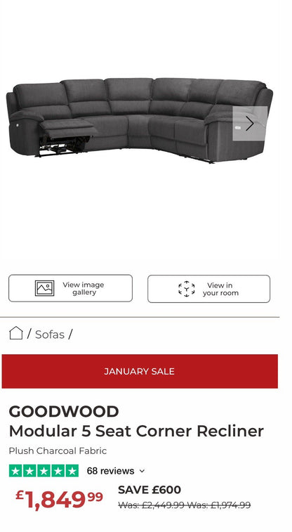 Oak Furnitureland Goodwood Power Recliner Corner Sofa In Plush Charcoal Fabric