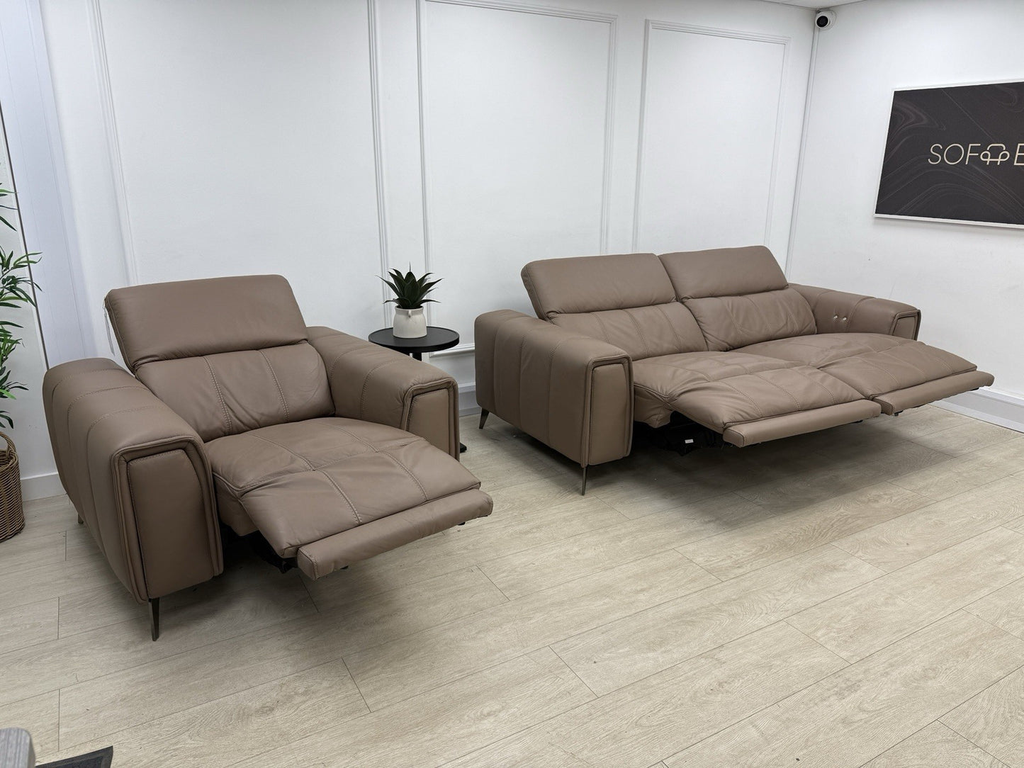 DFS Torren 3 Seater Power Recliner Sofa & Chair Set In Borelli Fawn Leather
