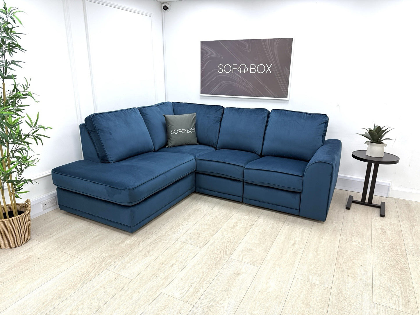 DFS Orka Corner Recliner Sofa In Blue Velvet Fabric