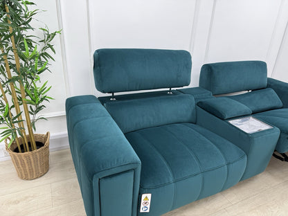 DFS Showcase Power Recliner 3 Seater Cinema Sofa In Teal Velvet Fabric