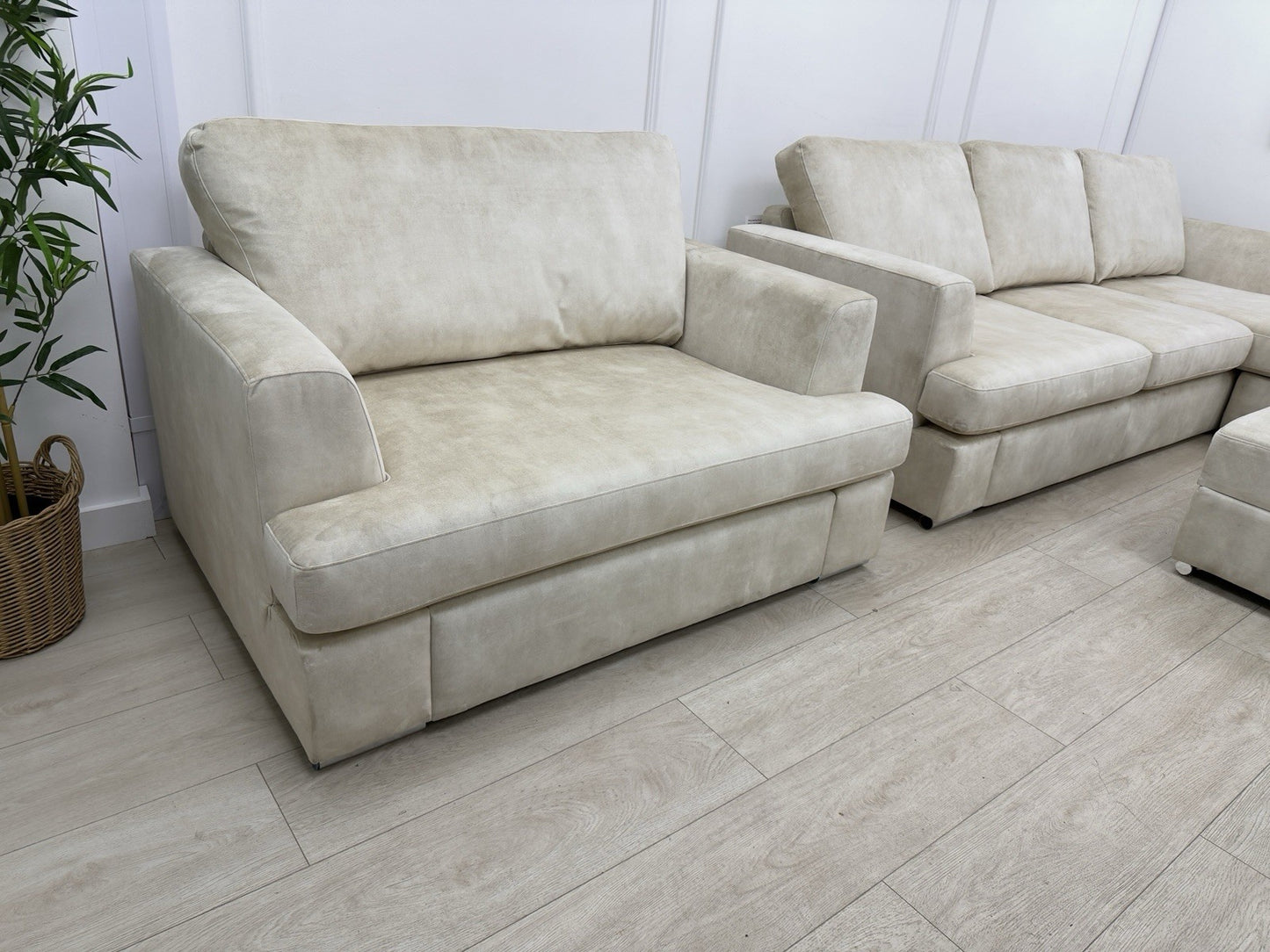 DFS Freya 4 Seater Lounger, Cuddle Chair, Footstool Set In Cream Velvet