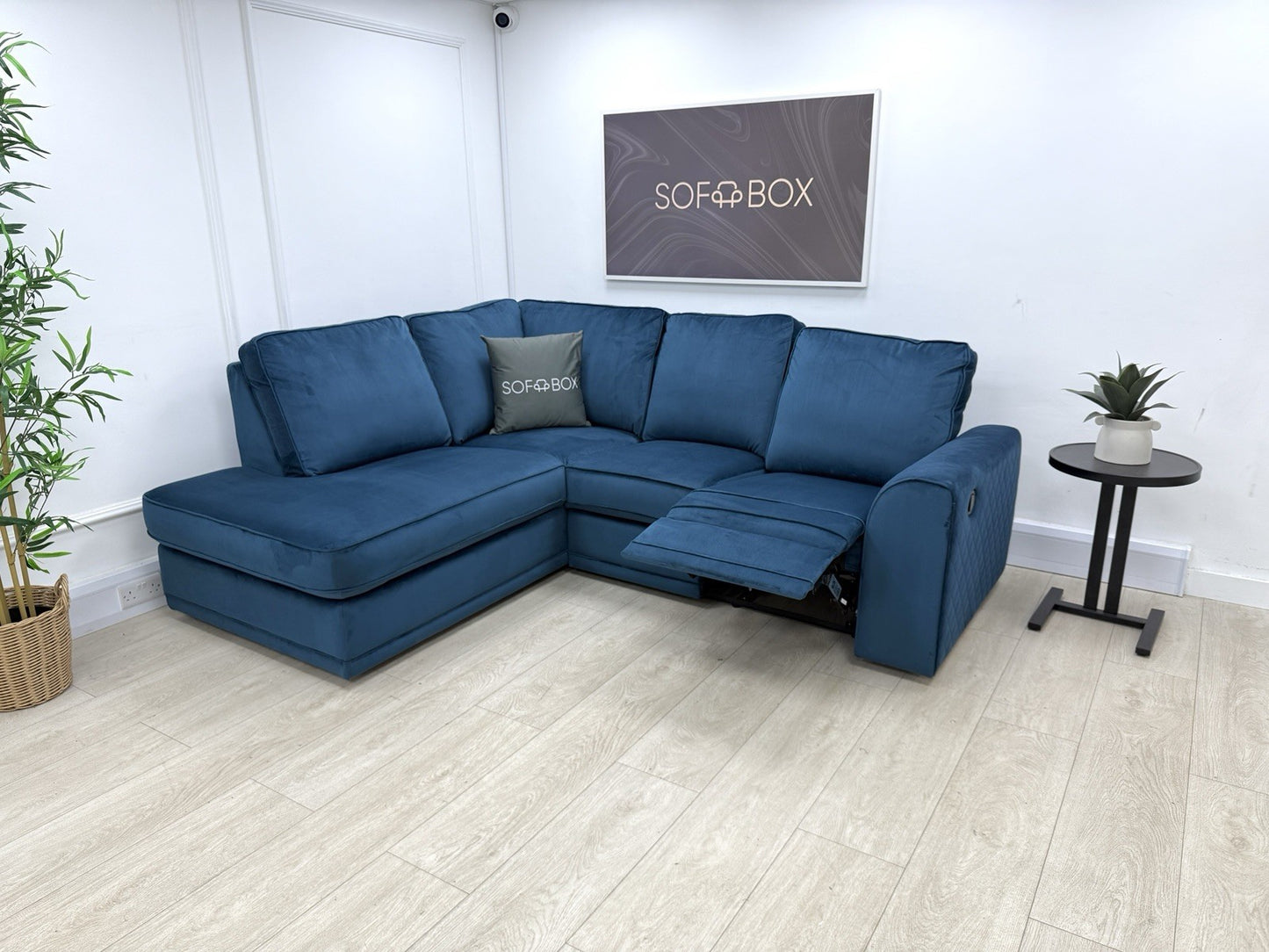 DFS Orka Corner Recliner Sofa In Blue Velvet Fabric