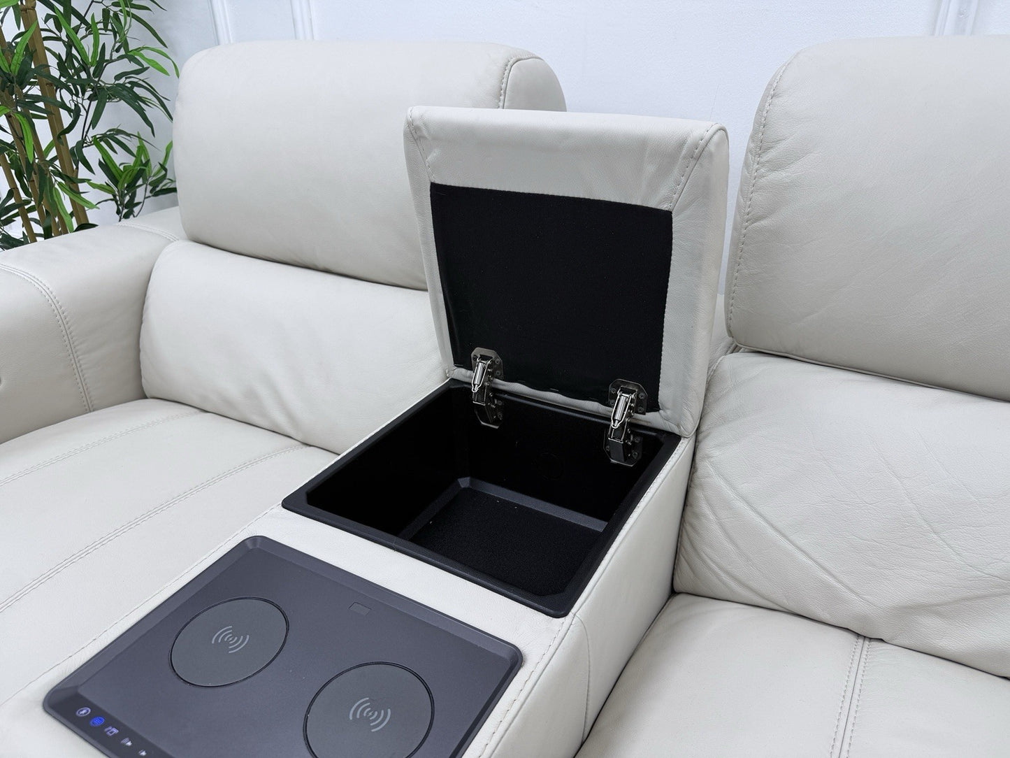 DFS Showcase 2 Seater Cinema Power Recliner Sofa With Console In Frost Leather