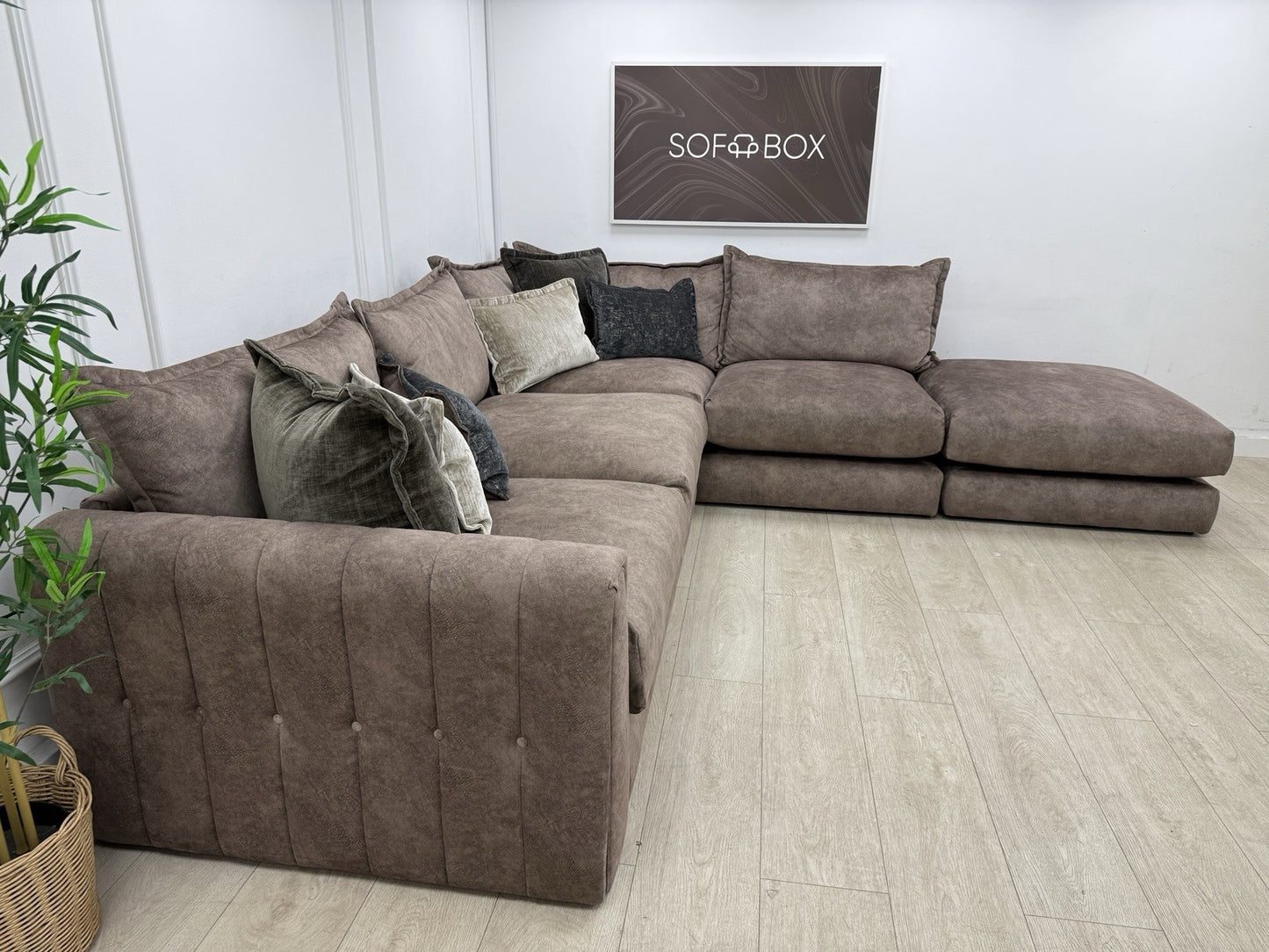 DFS Devine Left Hand Facing Corner Sofa In Self Piped Chocolate Combination