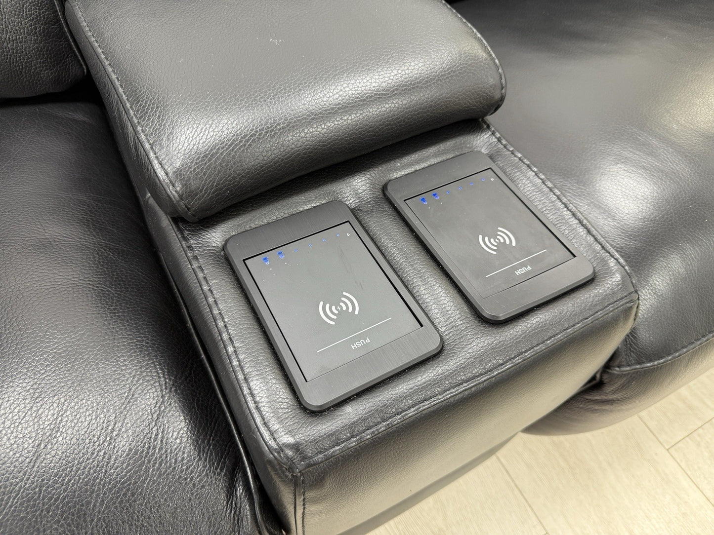 DFS Crusade Heated Power Recliner Corner Sofa Black Leather Smart Console Unit
