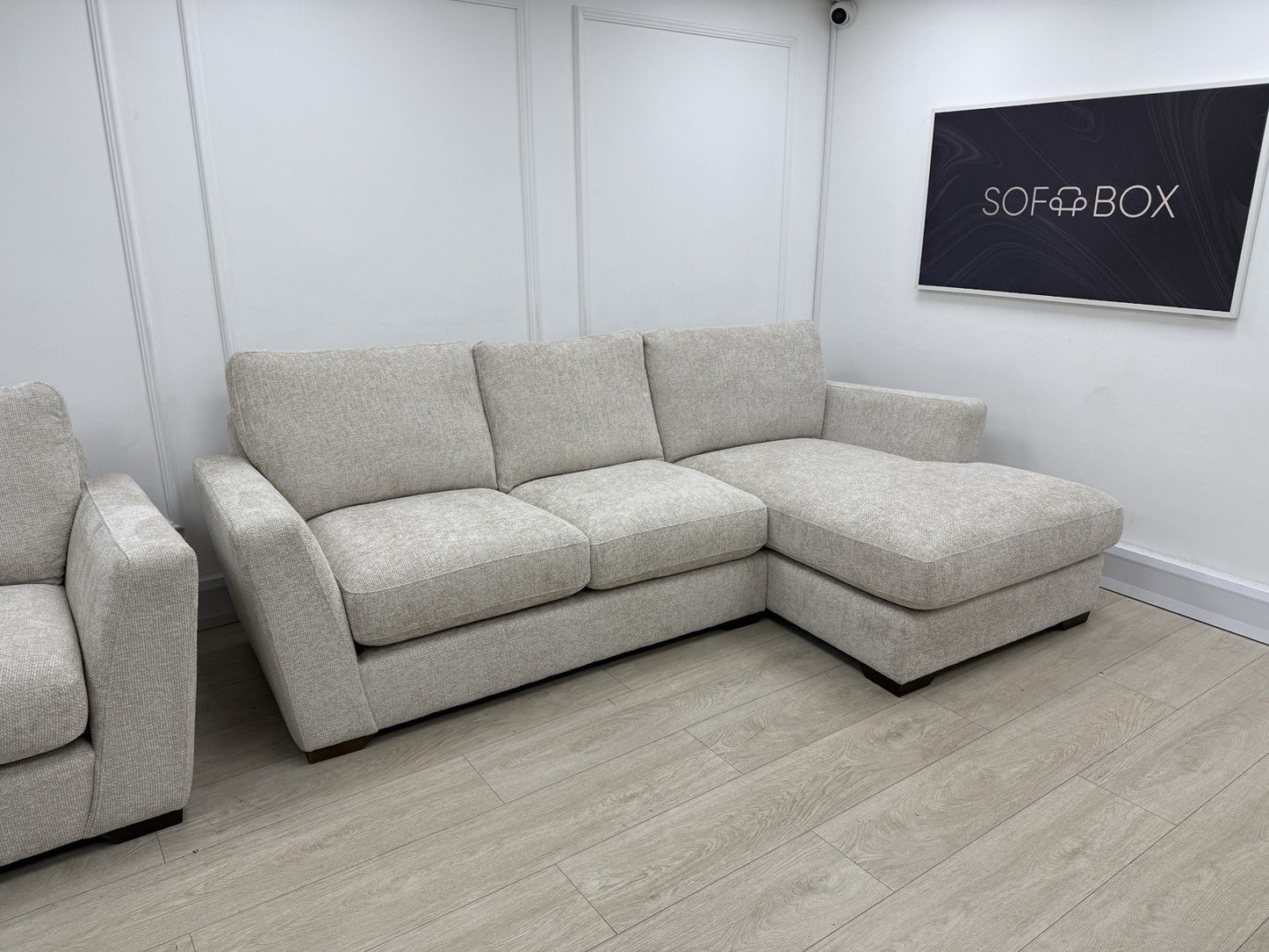 Next L Shape Sofa & Cuddle Chair Set In Chunky Cross Weave Oatmeal Fabric