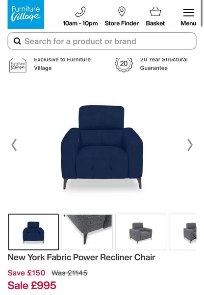 Furniture Village New York Power Recliner 3 Seater & Chair Set In Navy Velvet