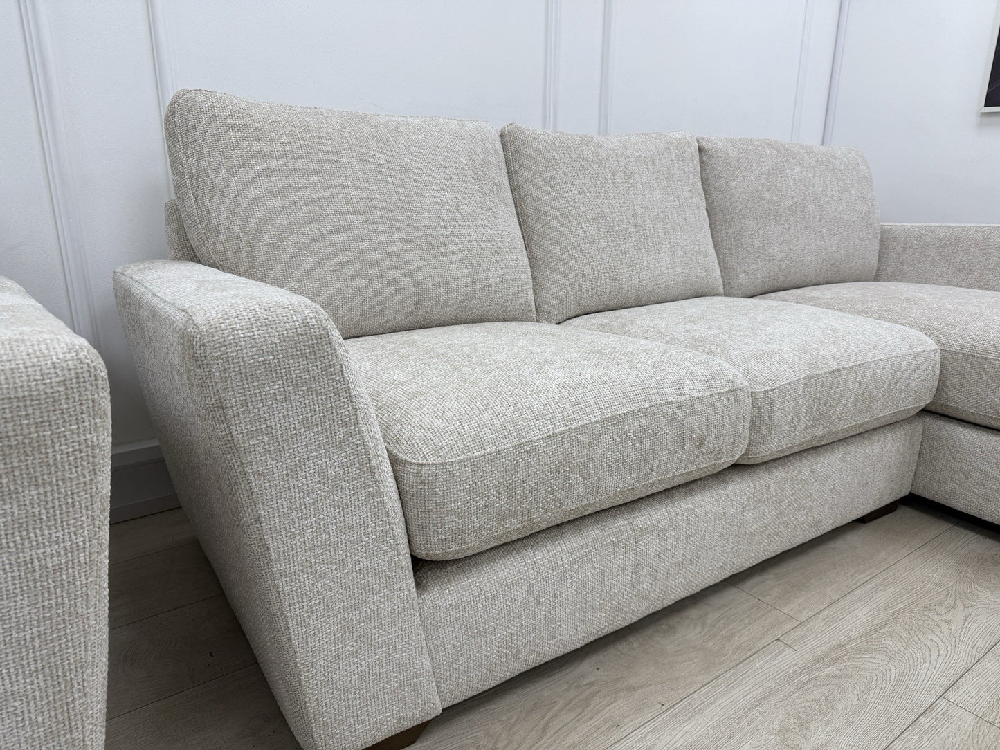 Next L Shape Sofa & Cuddle Chair Set In Chunky Cross Weave Oatmeal Fabric