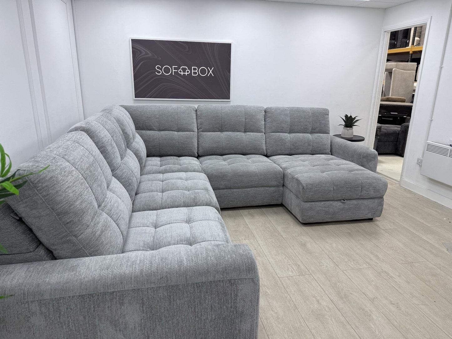 DFS Steller Power Recliner Slider Corner Sofa In Mist Grey Fabric