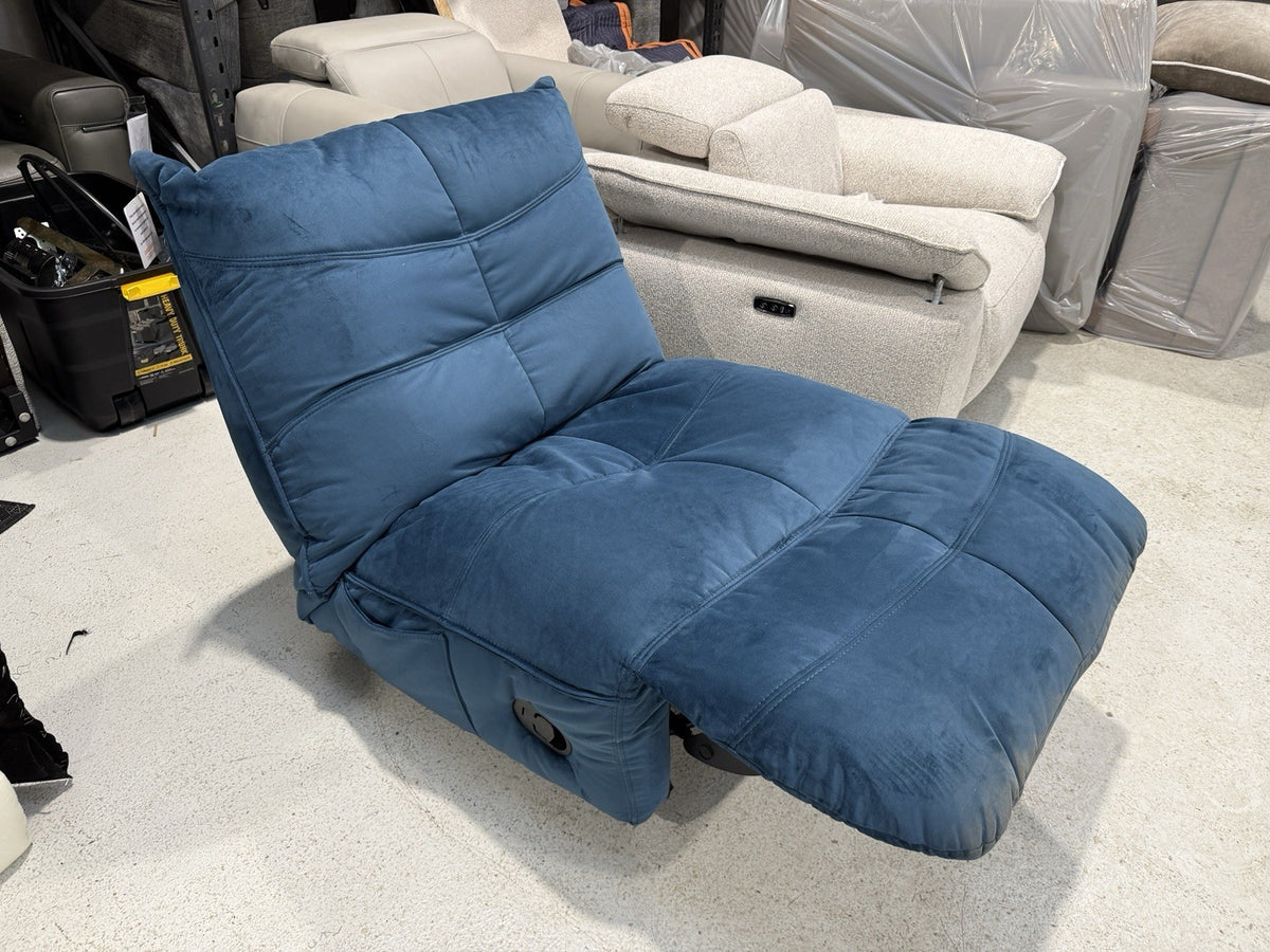 DFS Clarke Swivel Rocker Manual Recliner Chair In Blue Velvet Fabric