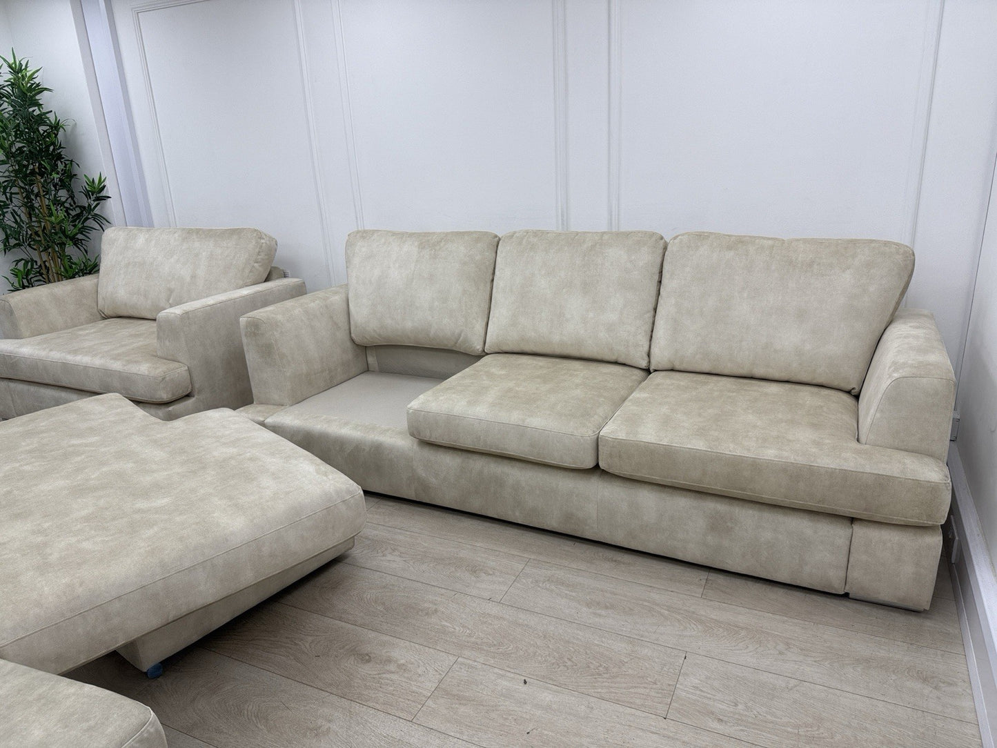 DFS Freya 4 Seater Lounger, Cuddle Chair, Footstool Set In Cream Velvet