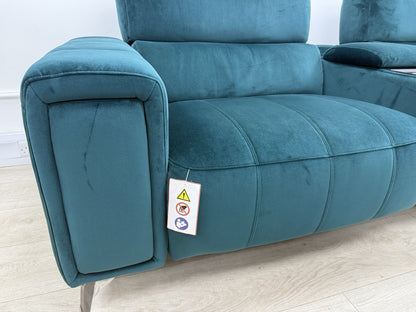 DFS Showcase 3 Seater Power Recliner Cinema Sofa In Teal Velvet Fabric