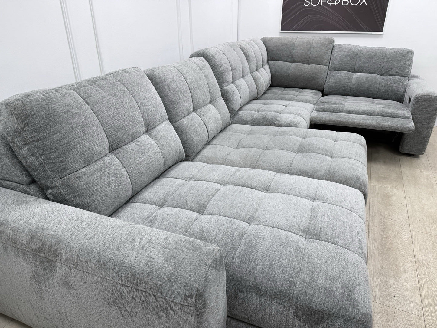 DFS Steller Power Recliner Slider Corner Sofa In Mist Grey Fabric